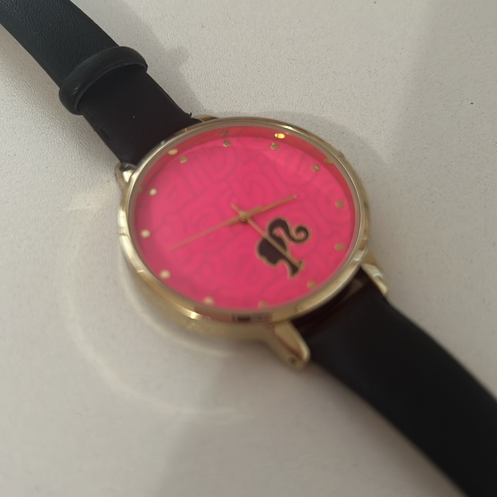 Barbie Pink Face Watch Black Strap Gold Tone Case Fashion Watch - Picture 2 of 2